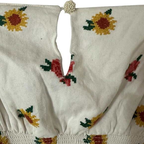 Farm Rio Floral Cross Stitch Embroidered Crop Top XS Puff Sleeves Boho - Picture 8 of 12
